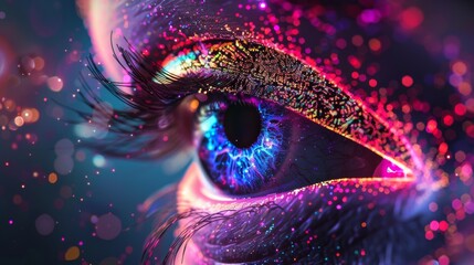Poster - A close-up image of an abstract eye, constructed from holographic neon elements, pulsating with digital energy. The eye is set against a dark background with shimmering lights