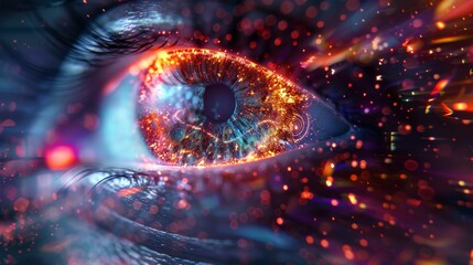 Poster - A close-up abstract representation of a human eye, constructed from holographic neon elements, with pulsating digital effects