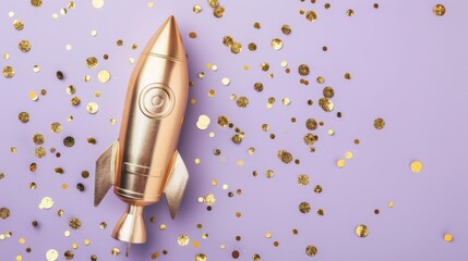 Poster - A high-angle shot of a metallic brass retro rocket toy placed on a pastel purple background adorned with gold confetti