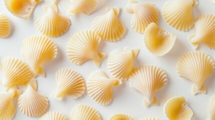 Wall Mural - Close up shot of shell shaped pasta on a white background