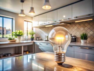 Close-up of a single energy efficient light bulb on a modern kitchen counter, with a subtle glow, surrounded by slight shadows and soft natural light.