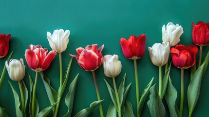 Wall Mural - Red and white tulips against a vibrant green backdrop with space available for text