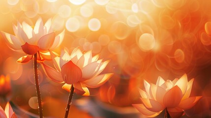 Poster - Abstract close-up of lotus flowers bathed in the warm hues of golden hour, creating a dreamy and ethereal scene with bokeh
