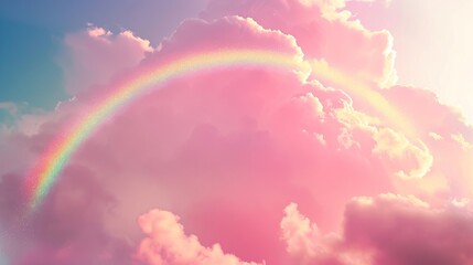 Poster - A commercial photograph of a vibrant glitter rainbow spanning across a pink sunset sky, with fluffy white clouds scattered throughout