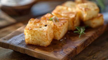 Wall Mural - A close-up shot of perfectly browned hashbrowns arranged in a geometric pattern on a wooden serving platter