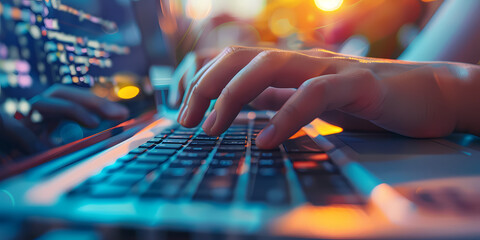 Wall Mural - Closeup of hands typing on a keyboard with digital technology, software development concept. Coding programmer, software engineer working on laptop