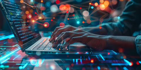 Wall Mural - Closeup of hands typing on a keyboard with digital technology, software development concept. Coding programmer, software engineer working on laptop