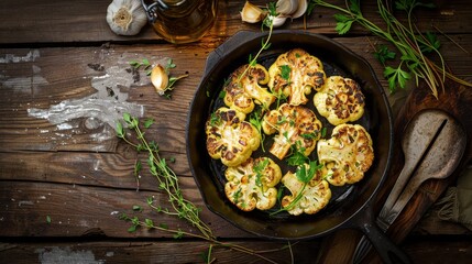 Wall Mural - A top view of golden-browned cauliflower steaks in a skillet on a wooden table, fresh out of the oven. Displays simple cooking ingredients
