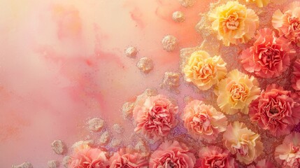 Poster - An overhead photograph showcasing vibrant bubblegum-colored carnations dusted with shimmering gold glitter, set against a backdrop of a pastel pink sky