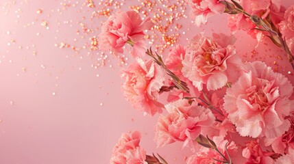 Poster - An overhead view of bubblegum-colored carnations, dusted with shimmering gold glitter, arranged against a soft pink backdrop