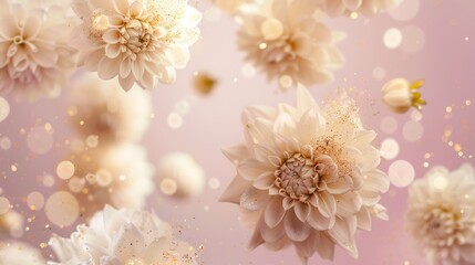 Poster - A close-up photograph of delicate white dahlias dusted with golden glitter floating against a pastel pink sky