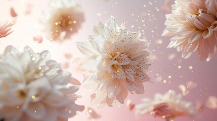 Poster - A close-up photo of white dahlias, dusted with golden glitter, suspended in mid-air against a soft pink sky