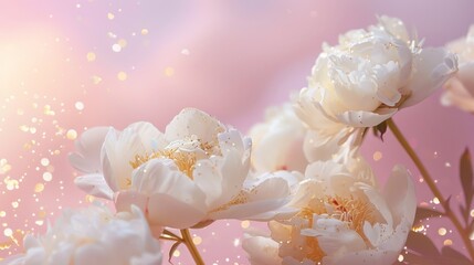 Poster - A closeup photo of white peony flowers glistening with golden glitter set against a pastel pink sky