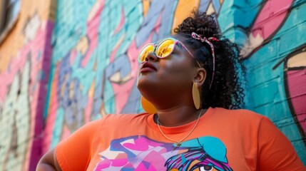 A closeup portrait of a young woman in trendy oversized sunglasses, a graphic t-shirt, and a colorful wall in the background