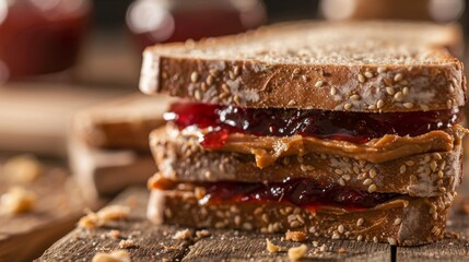 Poster - Close-up of a classic peanut butter and jelly sandwich on whole wheat bread, a nostalgic American lunch favorite.