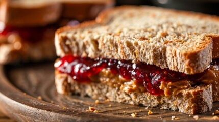 Poster - Close-up of a classic peanut butter and jelly sandwich on whole wheat bread, a nostalgic American lunch favorite.