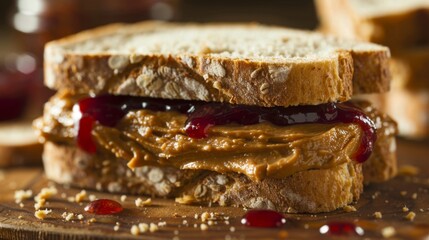 Poster - Close-up of a classic peanut butter and jelly sandwich on whole wheat bread, a nostalgic American lunch favorite.