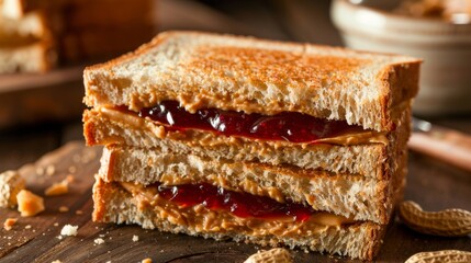Poster - Close-up of a classic peanut butter and jelly sandwich on whole wheat bread, a nostalgic American lunch favorite.