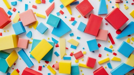 Poster - A high-angle view captures a playful arrangement of colorful foam pieces against a clean white background