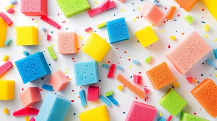 Poster - A high-angle view of brightly colored foam blocks scattered on a white surface
