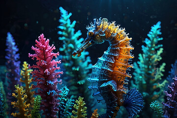 glow vibrant Seahorse swim in the underwater