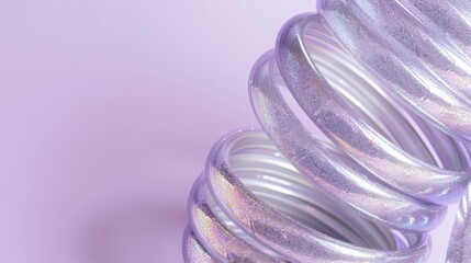 Poster - A high-angle view of a group of silver glitter slinky toys arranged artfully against a matte pastel purple background