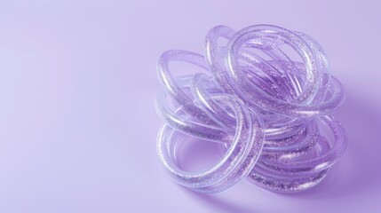 Wall Mural - A high-angle view of a collection of silver glitter slinky toys arranged artfully against a matte pastel purple background