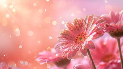 Poster - A close-up photograph featuring pink gerberas covered in golden glitter, gently floating against a vibrant pink sky