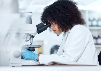 Aufkleber - Woman, microscope and analysis research in lab, biochemist and innovation healthcare study with virus sample. Investigation, cure development and examine for breakthrough, medical and equipment