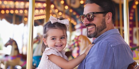 Sticker - A happy father and daughter enjoy a carefree moment on a carousel at an amusement park.