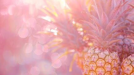 Poster - A close-up photograph of pineapples adorned with shimmering golden glitter suspended against a soft pink sky backdrop