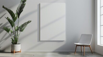 Poster - A white poster mockup displayed on a gallery wall with soft lighting, minimal decor, and a single plant