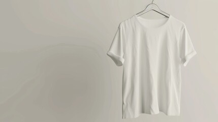 Poster - Close-up of a white t-shirt on a hanger against neutral background. Blank space on the right for designs or branding. Ideal for showcasing creativity