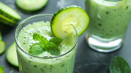 Poster - Close-up of a refreshing cucumber and mint smoothie, served in a chilled glass with cucumber slices as garnish.