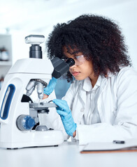 Aufkleber - Woman, microscope and examine research in lab, biochemist and innovation healthcare study with virus sample. Investigation, cure development and analysis or breakthrough, medical and equipment