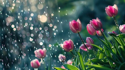 pink tulips showered in rain