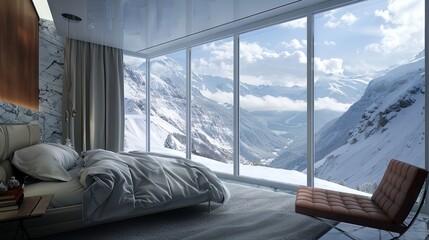 Wall Mural - A luxurious bedroom with a view of a snowy pine forest and mountains