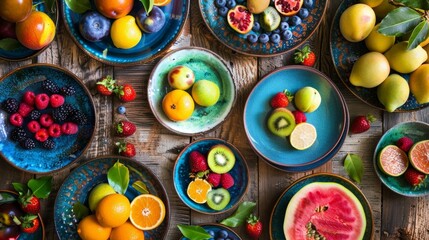 Canvas Print - Colorful plates of tropical fruits and wild berries adorn the rustic wooden table adding a burst of vibrant hues to the scene.