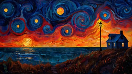 Sticker - Vibrant, stylized painting depicts a dramatic seascape with a swirling sky and a setting sun casting an orange glow over the ocean