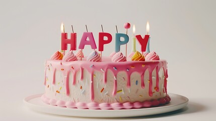 Realistic image of a delicious cake with happy birthday letter-shaped candles on a white background