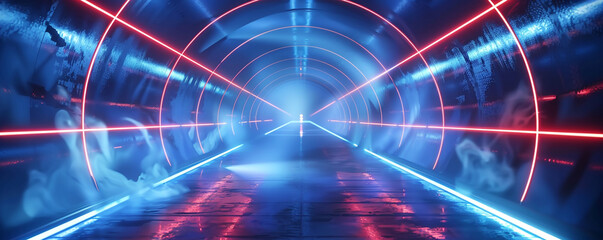 Fototapete - Neon lights, a tunnel, a hallway, red laser beams, and smoke are all on a blue abstract background. mild arch. Blue abstraction with neon, rays, and lines