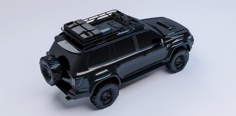 3D rendering of a black SUV car on a white background from a top view angle.