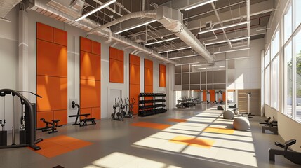 Wall Mural - Interior mockup of a modern gym with orange sound-absorbing walls.