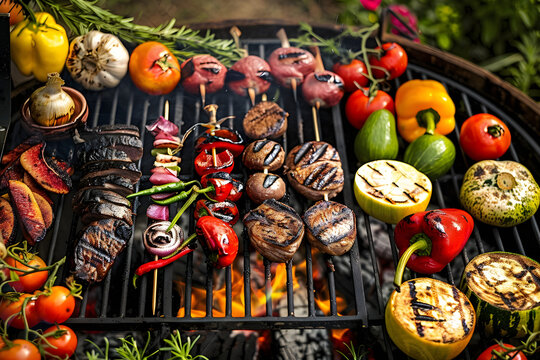 A grill is full of food including meat, vegetables, and fruit