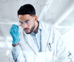 Aufkleber - Man, scientist and writing equation on glass, problem solving and science in laboratory for innovation. Life extension, drug development and chemical formulation, molecule balancing and analysis