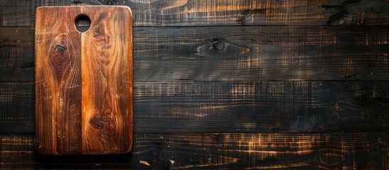Wall Mural - Cutting board placed on a dark wooden table viewed from above with blank space available.