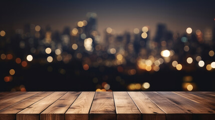 Wall Mural - Wood table top with blurred abstract background of city night lights downtown city view. Wooden table with blur background of cityscape. generative ai