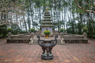 Hue, Vietnam - 6 Feb, 2024: Thien Mu Pagoda and Buddhist Temple, Hue, Vietnam