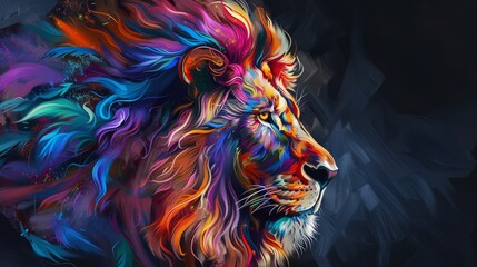  Vibrant lion head painting with colorful flowing mane, capturing the majesty of the wild animal in a modern, artistic style