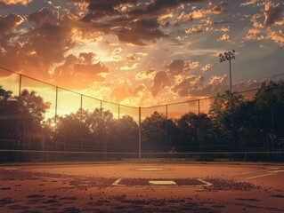 Poster - Backdrop, softball field, sunrise. Generative AI.